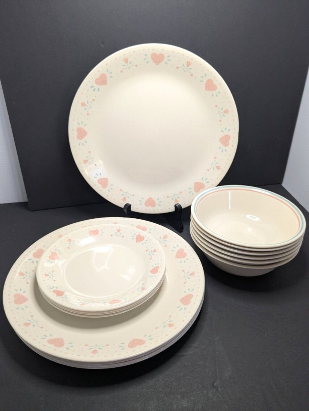 16 Pc. Corelle Forever Yours Pink Heart Beige Dinnerware Lot - Retired 1994 SEE